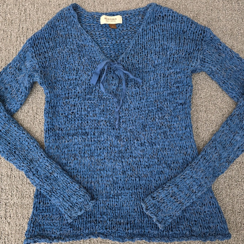 Sonoma Blue Textured V-Neck Tie Front Top Boho Cottage Size‎ S
